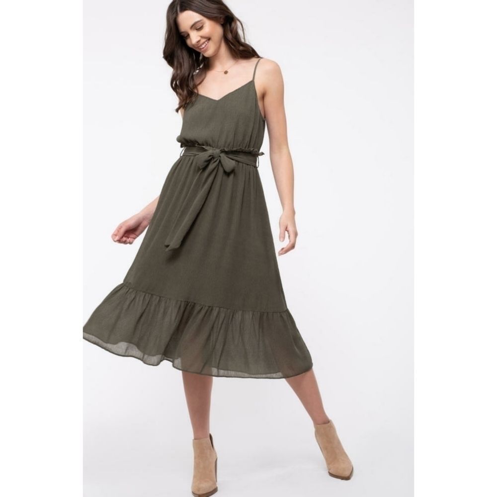 Blu Pepper Belted Boho Tiered Summer Midi Dress Olive Green NEW